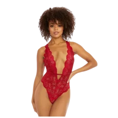 Sheer Lace Scalloped Teddy - Deep Red V-Neck Scalloped Teddy